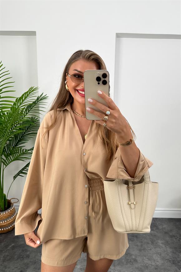 Premium Kalite Tensel Modal Kumaş Şort Gömlek Takım Soft Camel