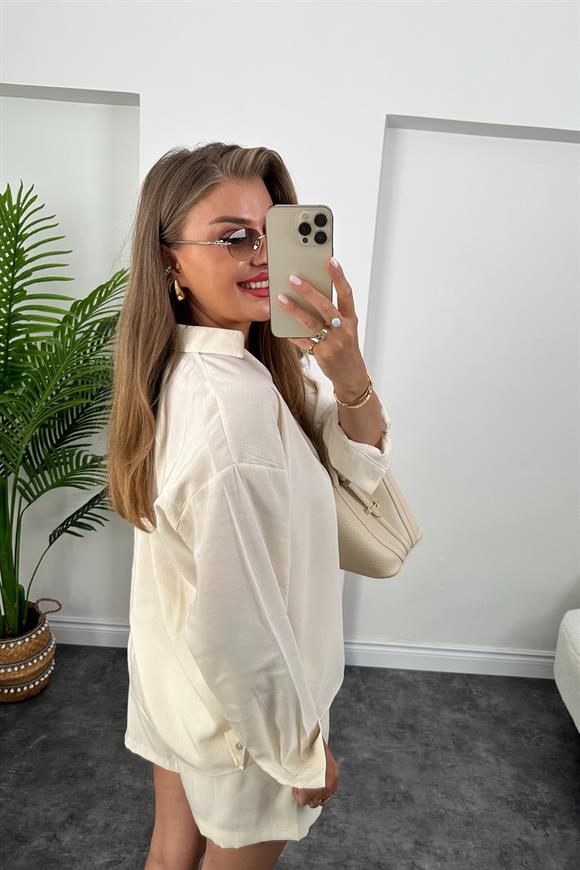 Premium Kalite Tensel Modal Kumaş Şort Gömlek Takım Krem