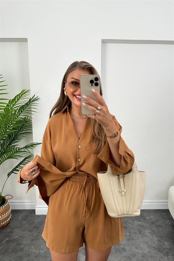 Premium Kalite Tensel Modal Kumaş Şort Gömlek Takım Taba Kahve