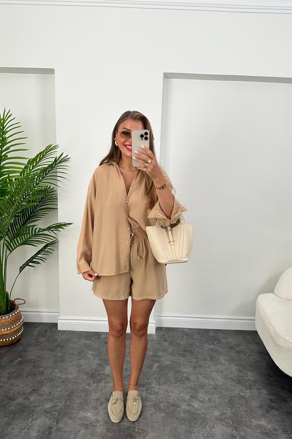Premium Kalite Tensel Modal Kumaş Şort Gömlek Takım Soft Camel