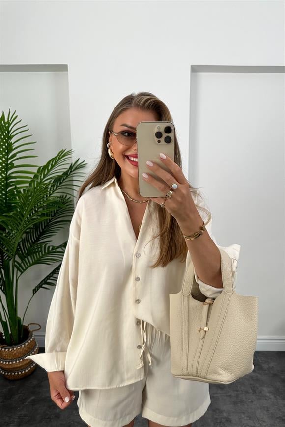 Premium Kalite Tensel Modal Kumaş Şort Gömlek Takım Krem