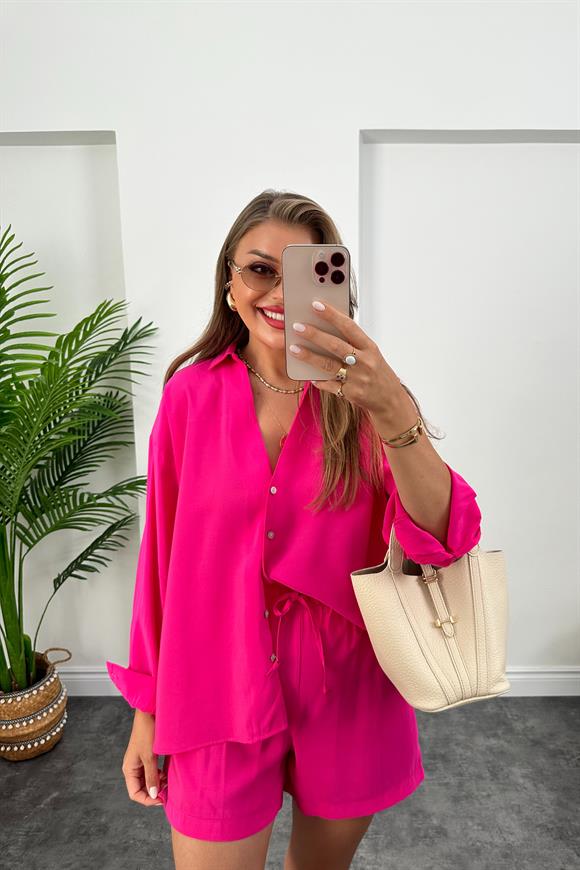 Premium Kalite Tensel Modal Kumaş Şort Gömlek Takım Fuşya