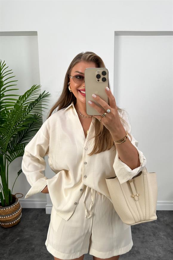 Premium Kalite Tensel Modal Kumaş Şort Gömlek Takım Krem