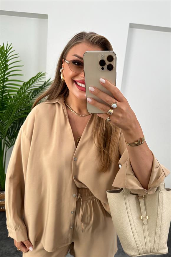 Premium Kalite Tensel Modal Kumaş Şort Gömlek Takım Soft Camel
