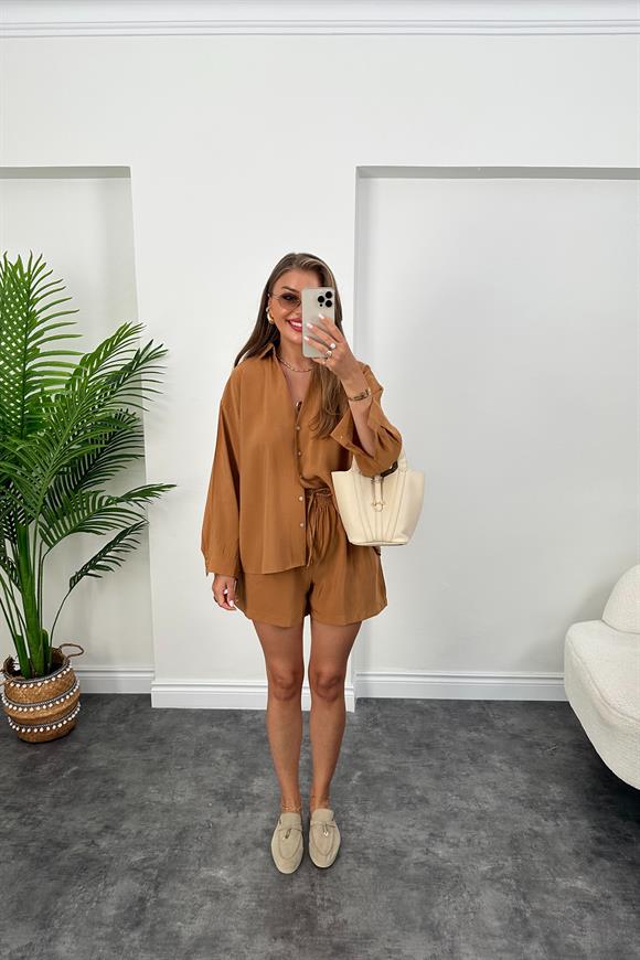 Premium Kalite Tensel Modal Kumaş Şort Gömlek Takım Taba Kahve
