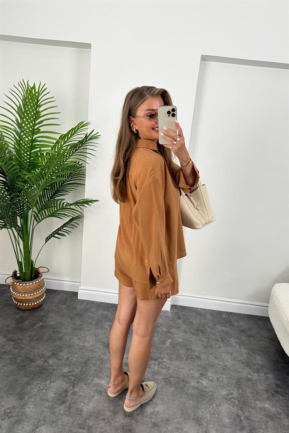 Premium Kalite Tensel Modal Kumaş Şort Gömlek Takım Taba Kahve