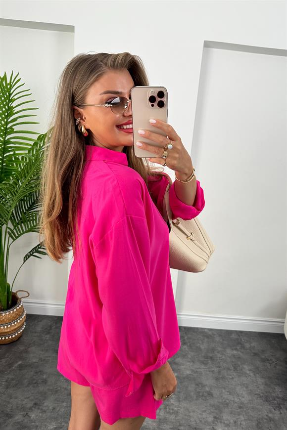 Premium Kalite Tensel Modal Kumaş Şort Gömlek Takım Fuşya