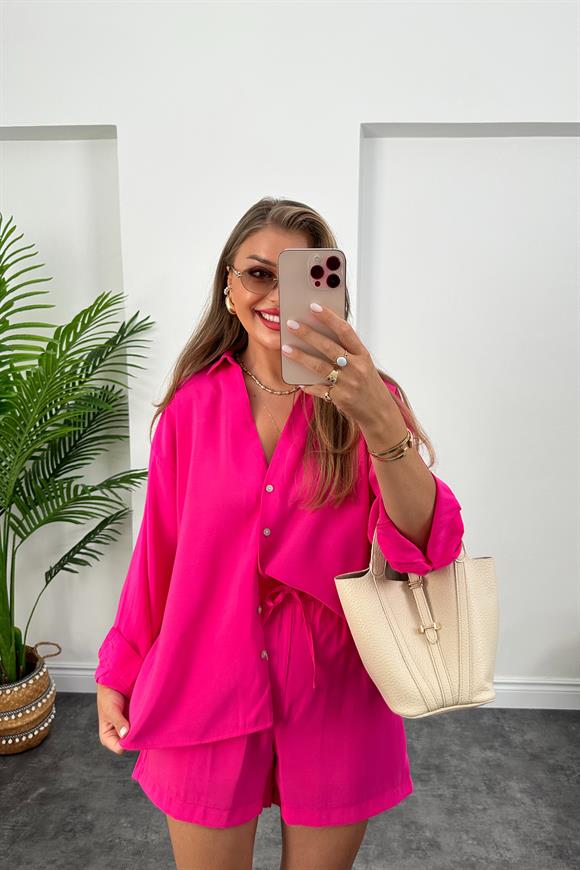 Premium Kalite Tensel Modal Kumaş Şort Gömlek Takım Fuşya