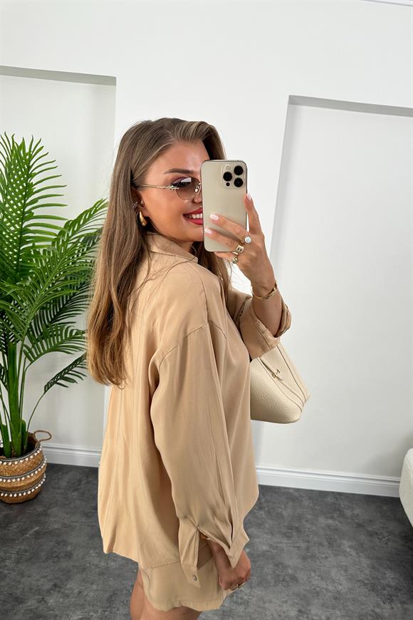 Premium Kalite Tensel Modal Kumaş Şort Gömlek Takım Soft Camel