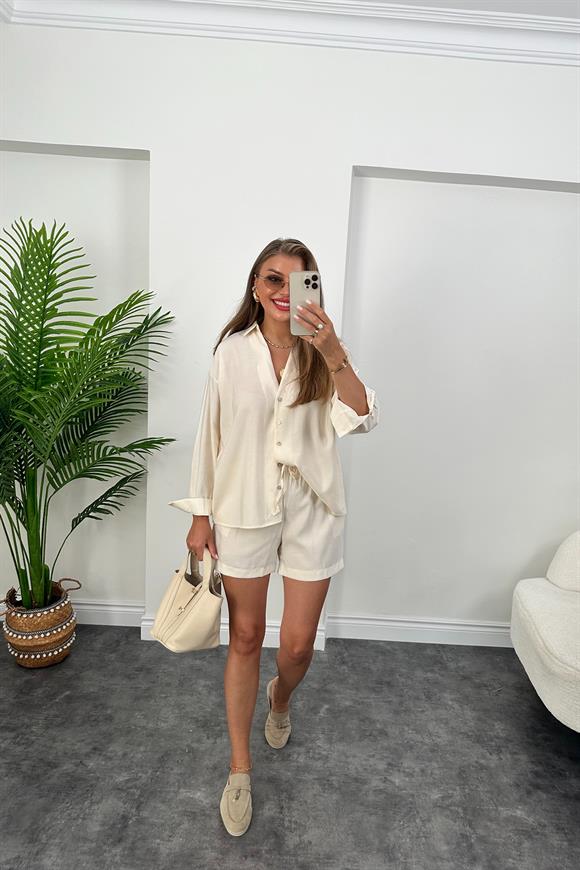 Premium Kalite Tensel Modal Kumaş Şort Gömlek Takım Krem
