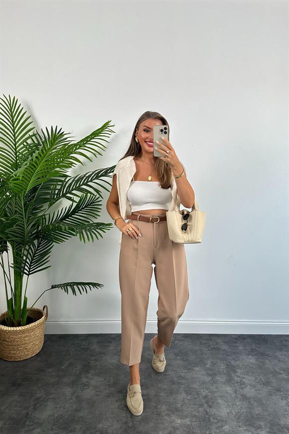 Premium Kalite Tok Kumaş Kemerli Havuç Pantolon Camel 
