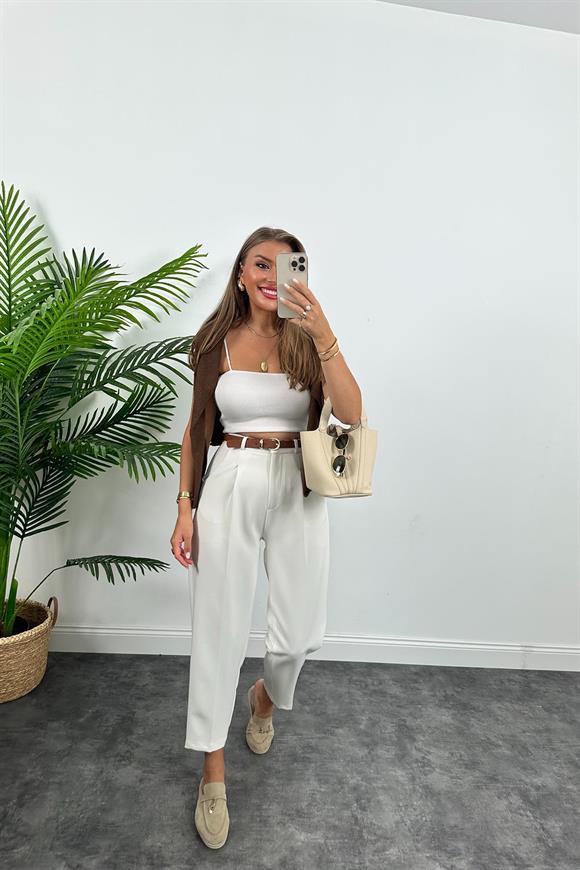Premium Kalite Tok Kumaş Kemerli Havuç Pantolon Beyaz 