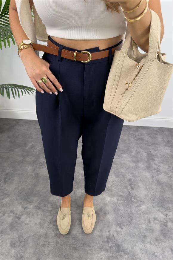 Premium Kalite Tok Kumaş Kemerli Havuç Pantolon Lacivert 