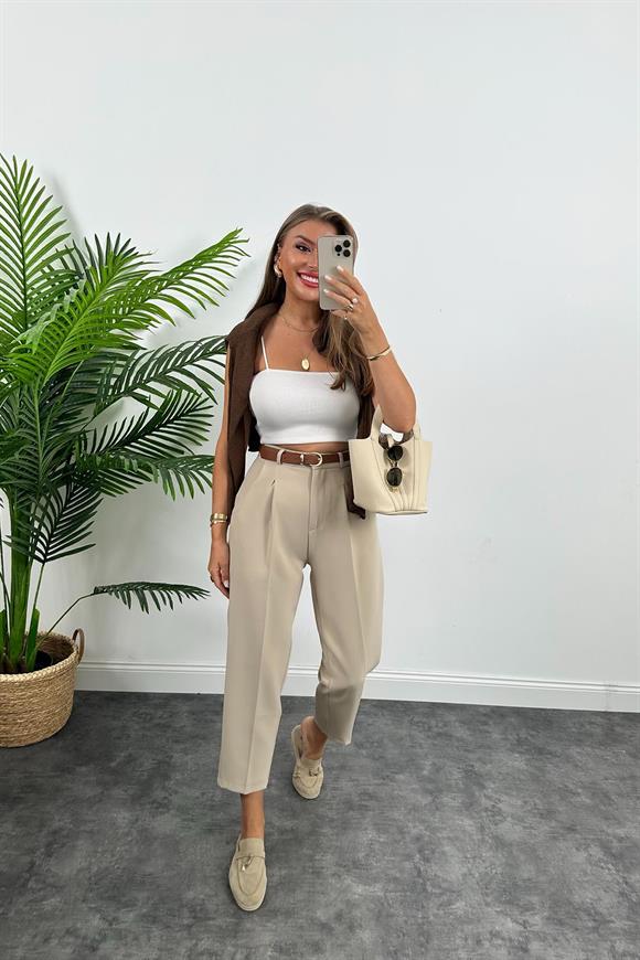 Premium Kalite Tok Kumaş Kemerli Havuç Pantolon Taş 