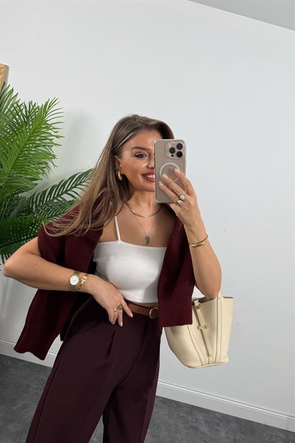 Premium Kalite Tok Kumaş Kemerli Havuç Pantolon Mürdüm Bordo 