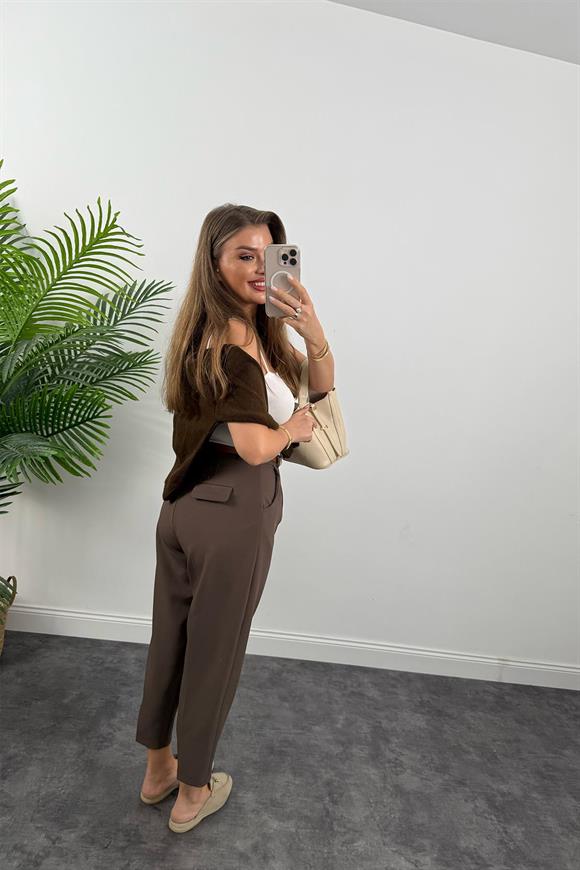 Premium Kalite Tok Kumaş Kemerli Havuç Pantolon Koyu Kahve 