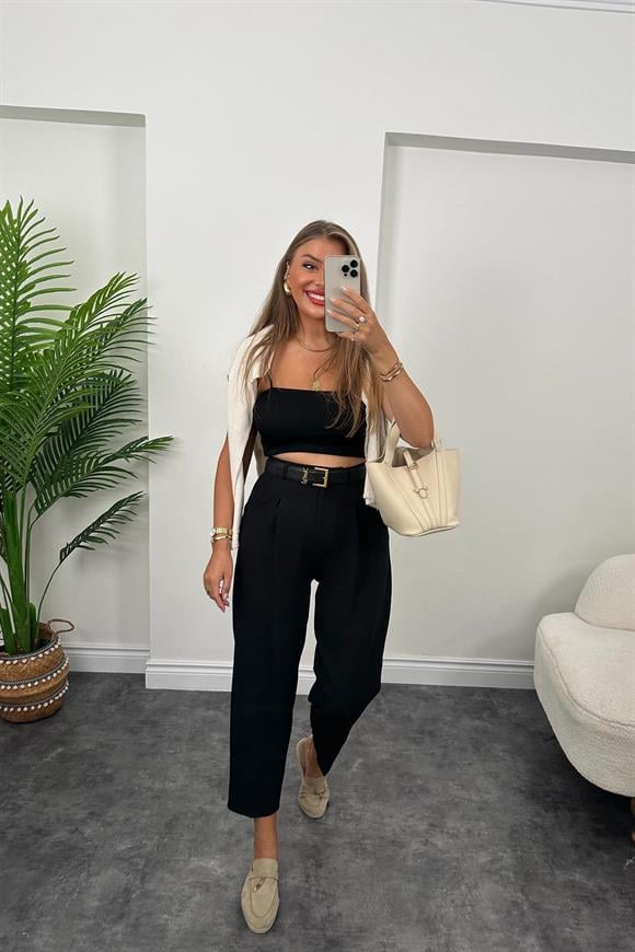 Premium Kalite Tok Kumaş Kemerli Havuç Pantolon Siyah