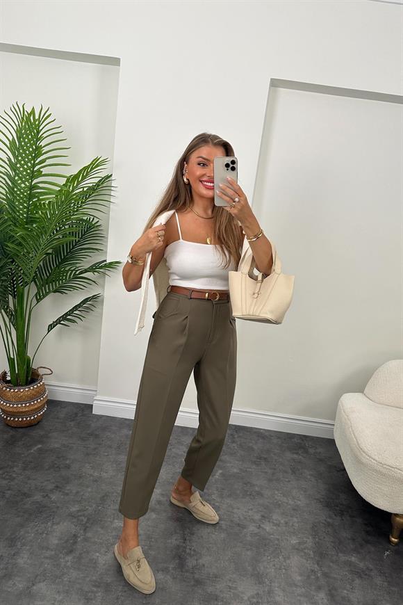 Premium Kalite Tok Kumaş Kemerli Havuç Pantolon Haki 