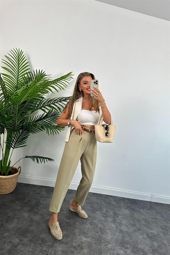 Premium Kalite Tok Kumaş Kemerli Havuç Pantolon Açık Haki 