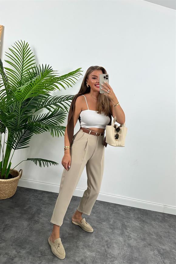 Premium Kalite Tok Kumaş Kemerli Havuç Pantolon Taş 