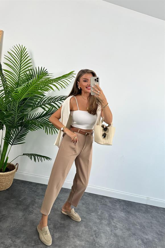 Premium Kalite Tok Kumaş Kemerli Havuç Pantolon Camel 