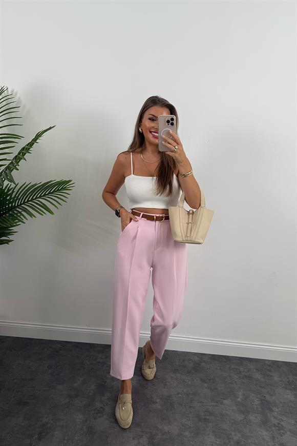 Premium Kalite Tok Kumaş Kemerli Havuç Pantolon Pamuk Şekeri