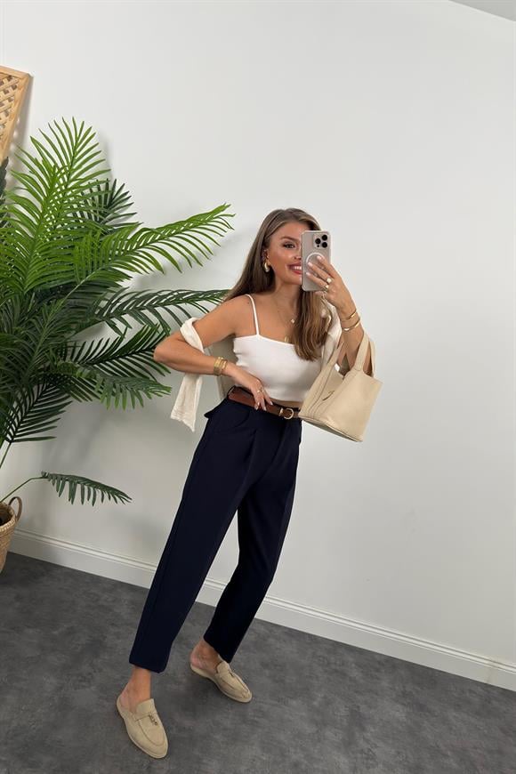 Premium Kalite Tok Kumaş Kemerli Havuç Pantolon Lacivert 