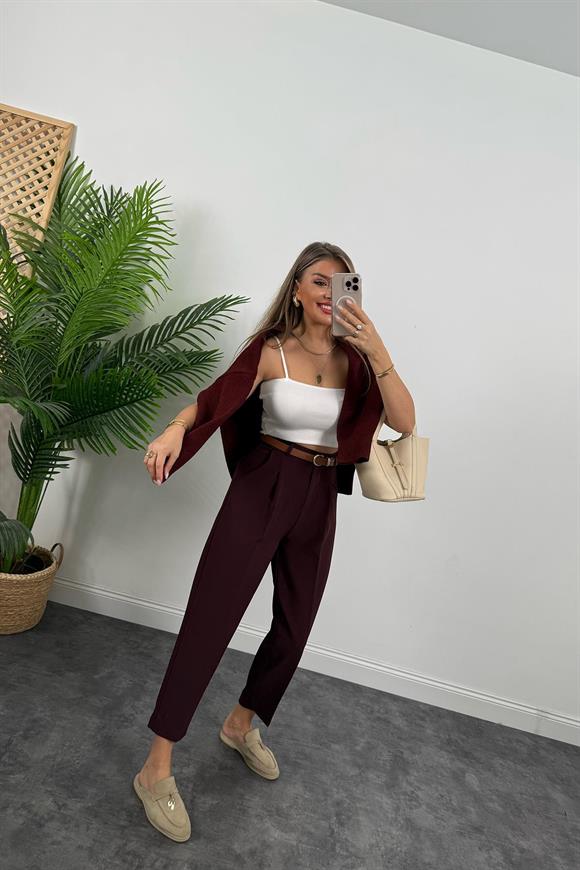 Premium Kalite Tok Kumaş Kemerli Havuç Pantolon Mürdüm Bordo 