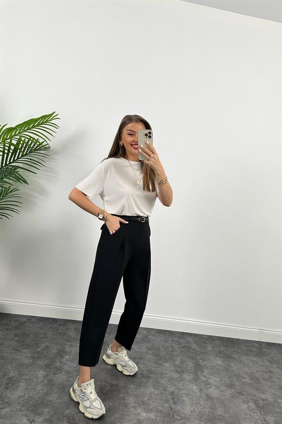 Premium Kalite Tok Kumaş Kemerli Havuç Pantolon Siyah