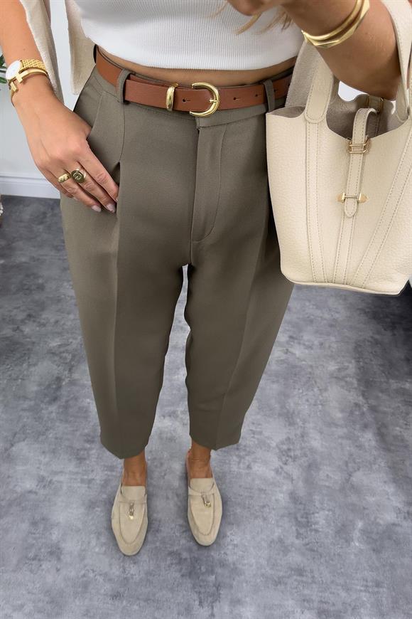 Premium Kalite Tok Kumaş Kemerli Havuç Pantolon Haki 