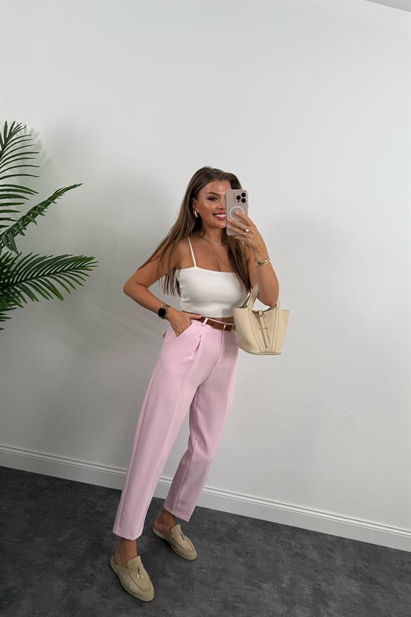 Premium Kalite Tok Kumaş Kemerli Havuç Pantolon Pamuk Şekeri