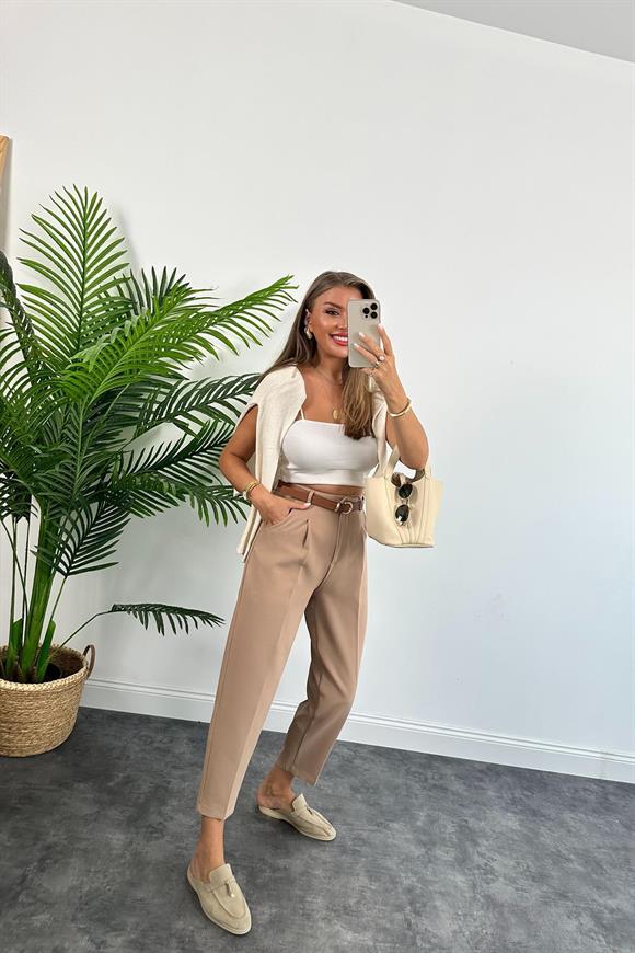 Premium Kalite Tok Kumaş Kemerli Havuç Pantolon Camel 