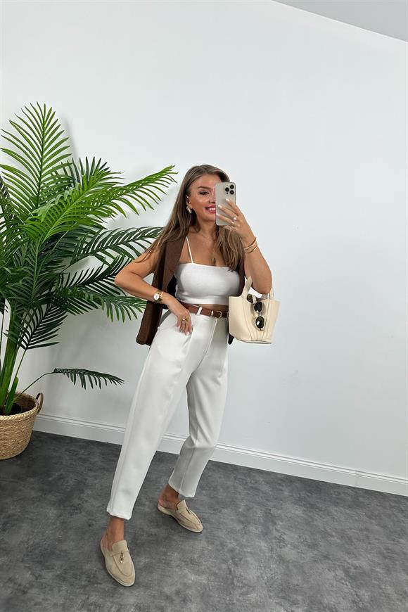 Premium Kalite Tok Kumaş Kemerli Havuç Pantolon Beyaz 