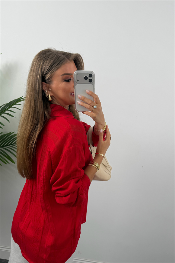 Premium Kalite Transparan Detaylı Nakışlı Tensel Gömlek Kırmızı