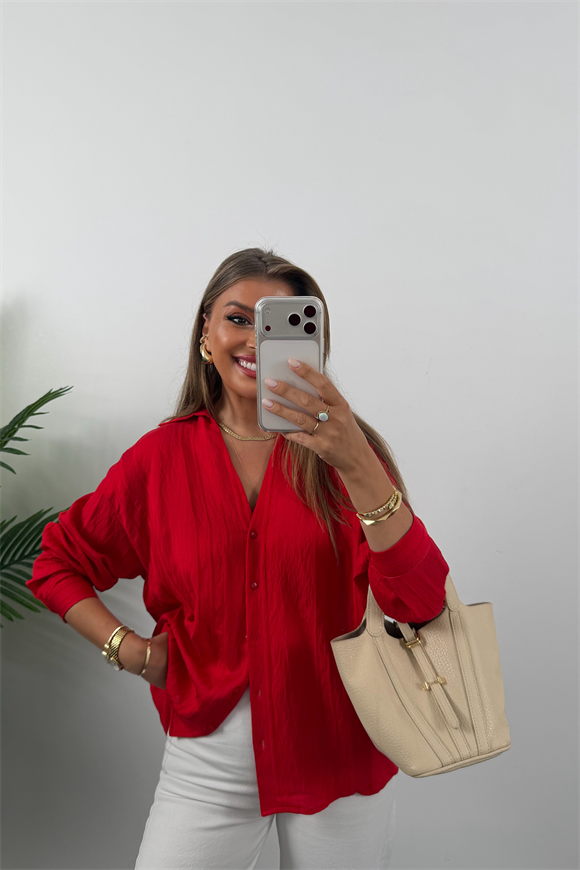 Premium Kalite Transparan Detaylı Nakışlı Tensel Gömlek Kırmızı