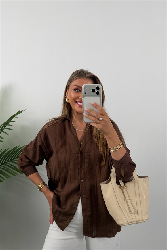 Premium Kalite Transparan Detaylı Nakışlı Tensel Gömlek Acı Kahve