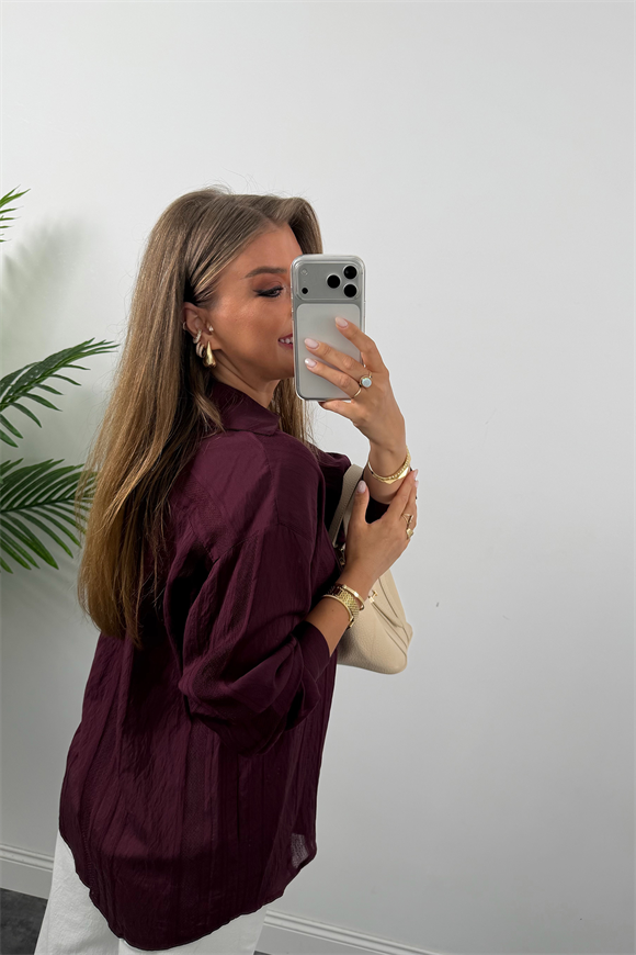 Premium Kalite Transparan Detaylı Nakışlı Tensel Gömlek Mürdüm