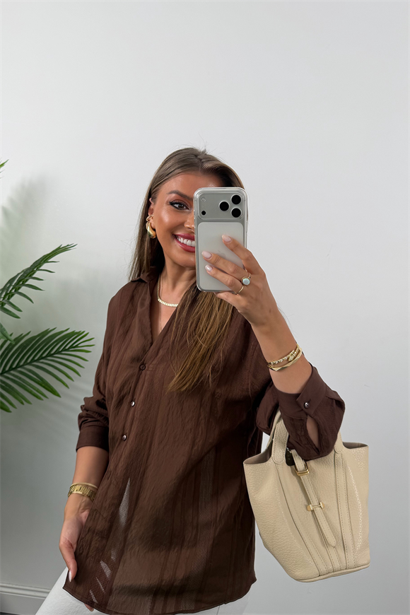 Premium Kalite Transparan Detaylı Nakışlı Tensel Gömlek Acı Kahve