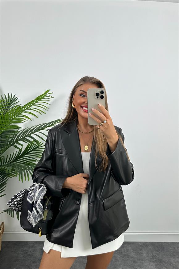 Premium Kalite Yumuşak Kumaş Vegan Deri Blazer Ceket Siyah
