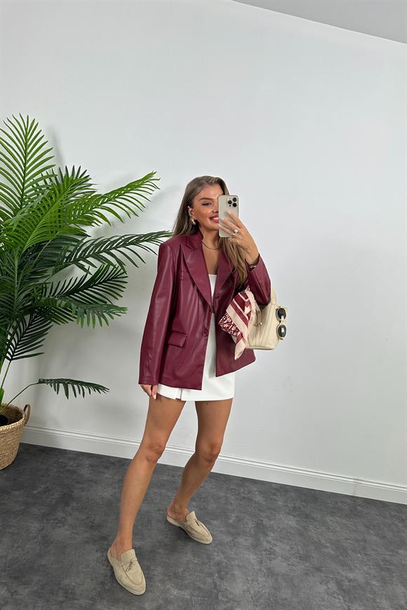 Premium Kalite Yumuşak Kumaş Vegan Deri Blazer Ceket Bordo