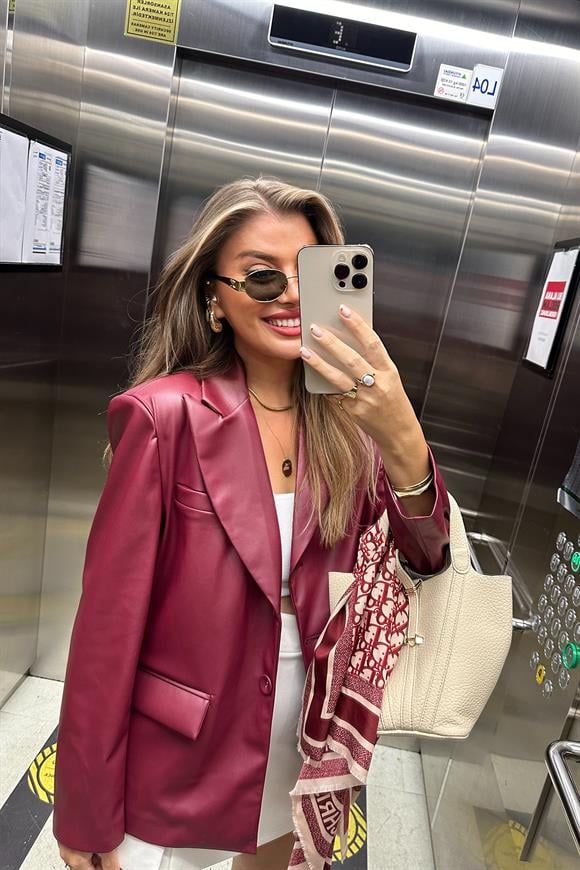 Premium Kalite Yumuşak Kumaş Vegan Deri Blazer Ceket Bordo