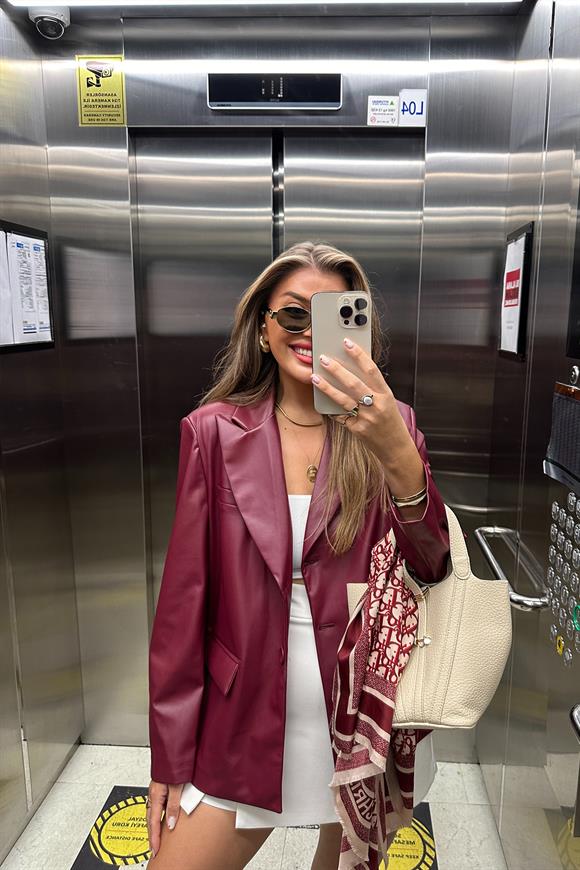 Premium Kalite Yumuşak Kumaş Vegan Deri Blazer Ceket Bordo