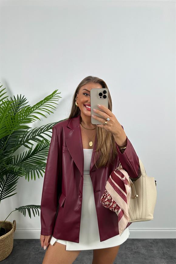 Premium Kalite Yumuşak Kumaş Vegan Deri Blazer Ceket Bordo