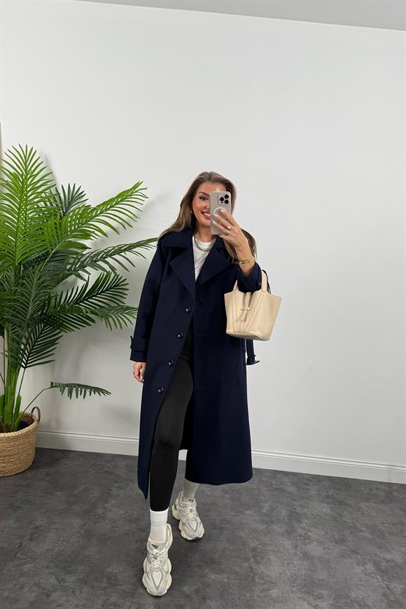 Premium Kalite Yünlü Apoletli Maxi Kaşe Kaban Lacivert