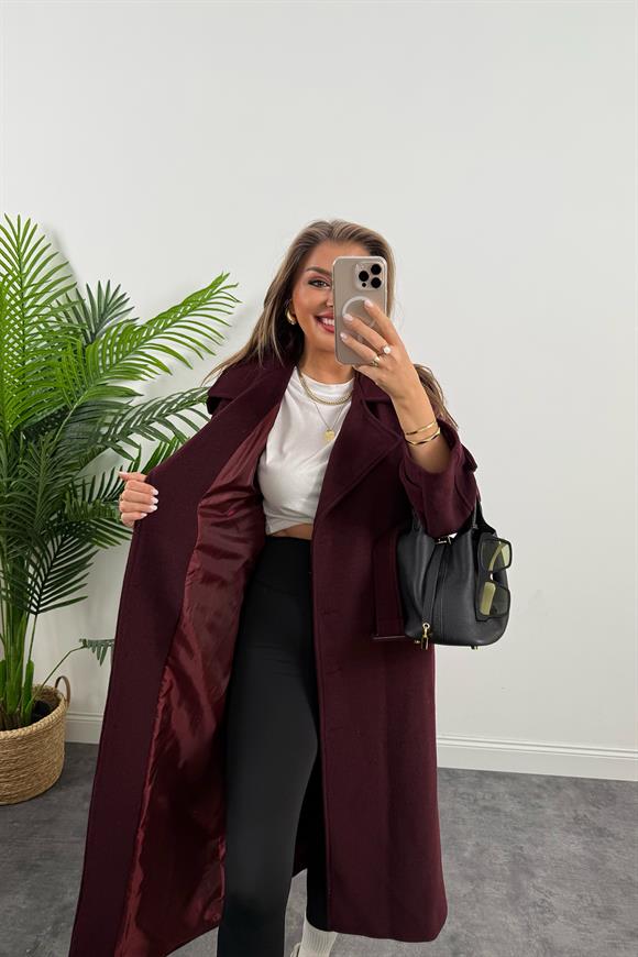 Premium Kalite Yünlü Apoletli Maxi Kaşe Kaban Bordo