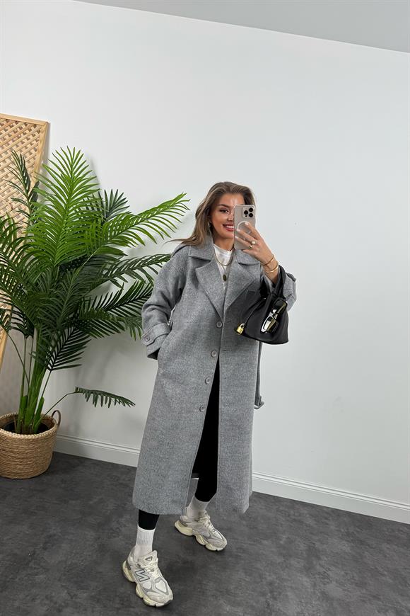Premium Kalite Yünlü Apoletli Maxi Kaşe Kaban Gri 