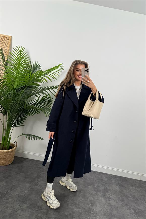 Premium Kalite Yünlü Apoletli Maxi Kaşe Kaban Lacivert