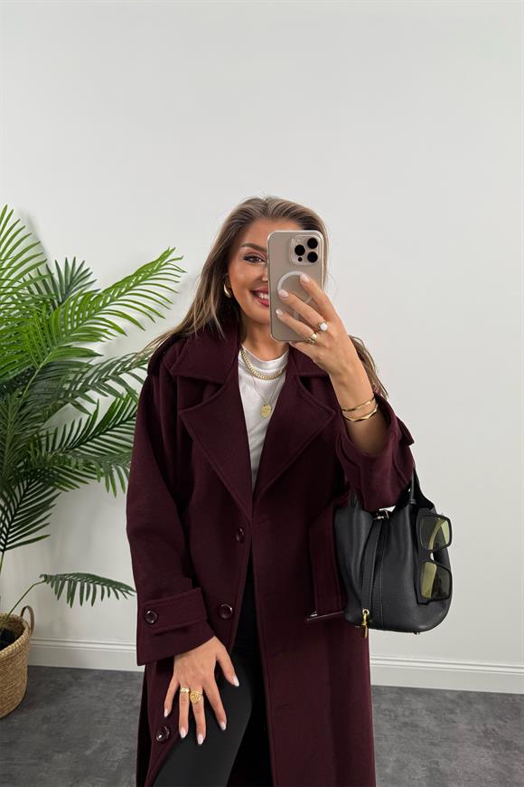 Premium Kalite Yünlü Apoletli Maxi Kaşe Kaban Bordo