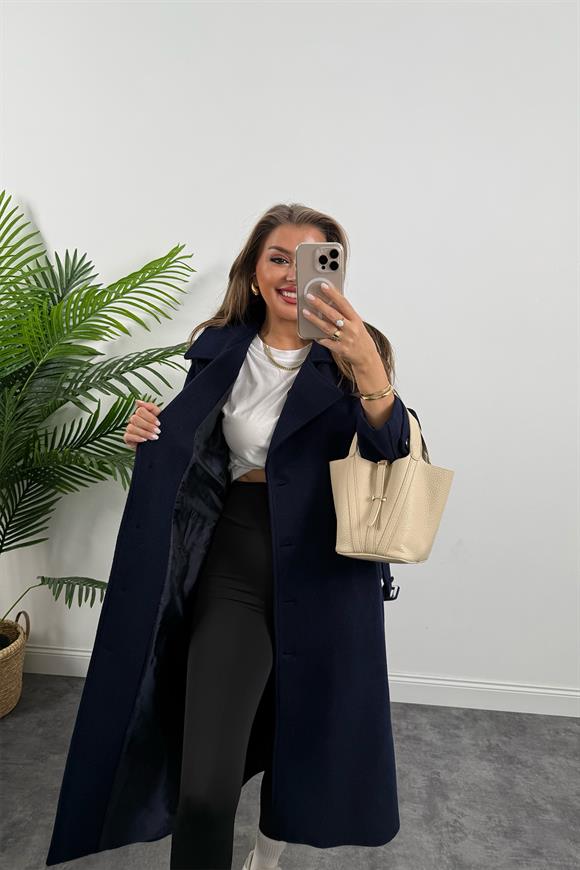 Premium Kalite Yünlü Apoletli Maxi Kaşe Kaban Lacivert