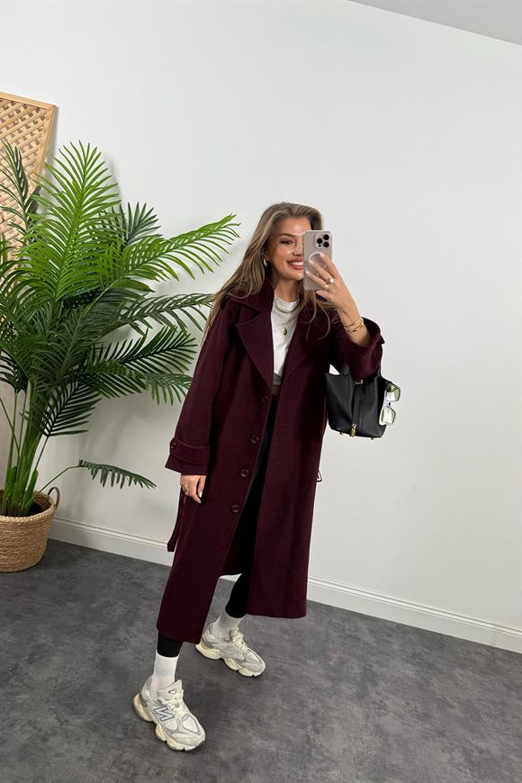 Premium Kalite Yünlü Apoletli Maxi Kaşe Kaban Bordo